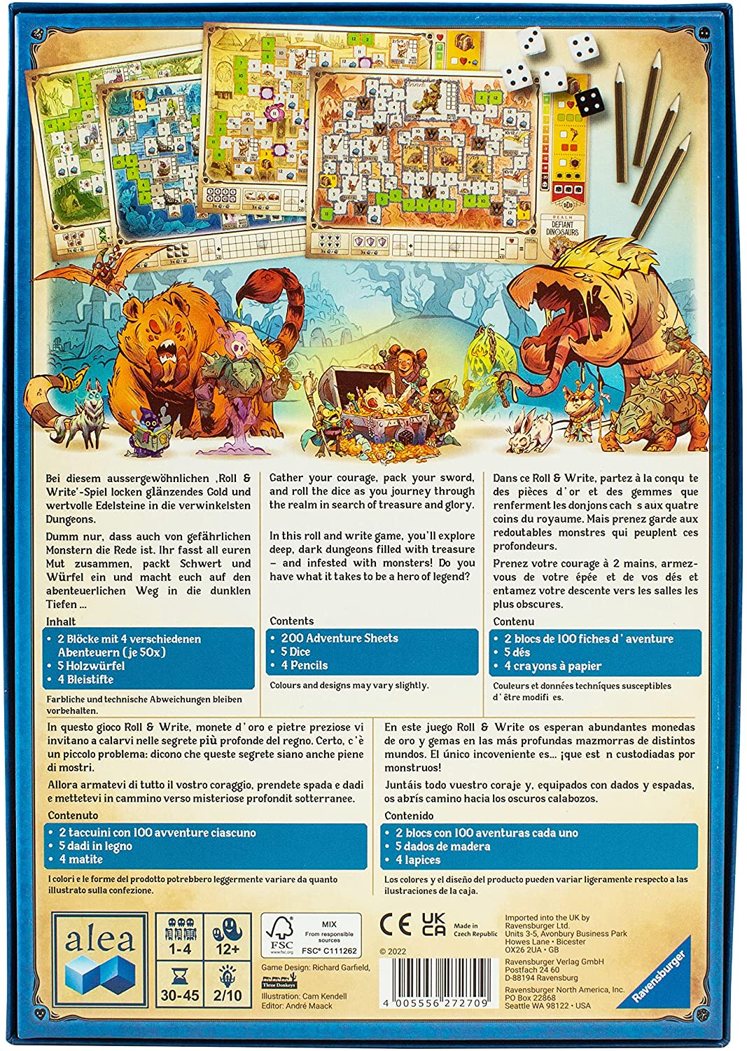 Ravensburger - Dungeons, Dice & Danger - Richard Garfield - Jeux de société - Aléa - Jeux de stratégie - Roll&Write - De 2 à 4 Joueurs à partir de 12 Ans - Mixte - 27270