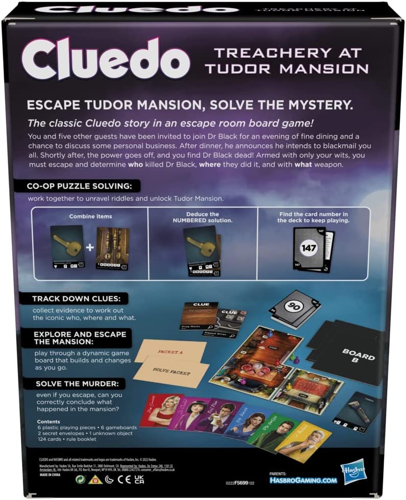 Hasbro Gaming, Cluedo Board Game Treachery at Tudor Mansion, Escape Room Game, Cooperative Family Board Game, Mystery Games