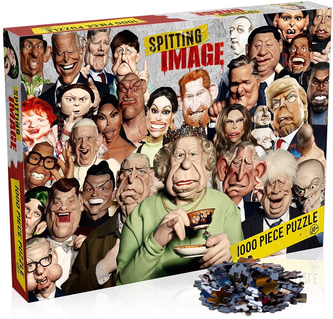 Winning Moves Spitting Image 1000 Piece Jigsaw Puzzle Game, piece together a montage of puppets including Ed Sheeran, Billie Eilish and Her Majesty, gift for ages 10 plus