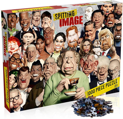 Winning Moves Spitting Image 1000 Piece Jigsaw Puzzle Game, piece together a montage of puppets including Ed Sheeran, Billie Eilish and Her Majesty, gift for ages 10 plus