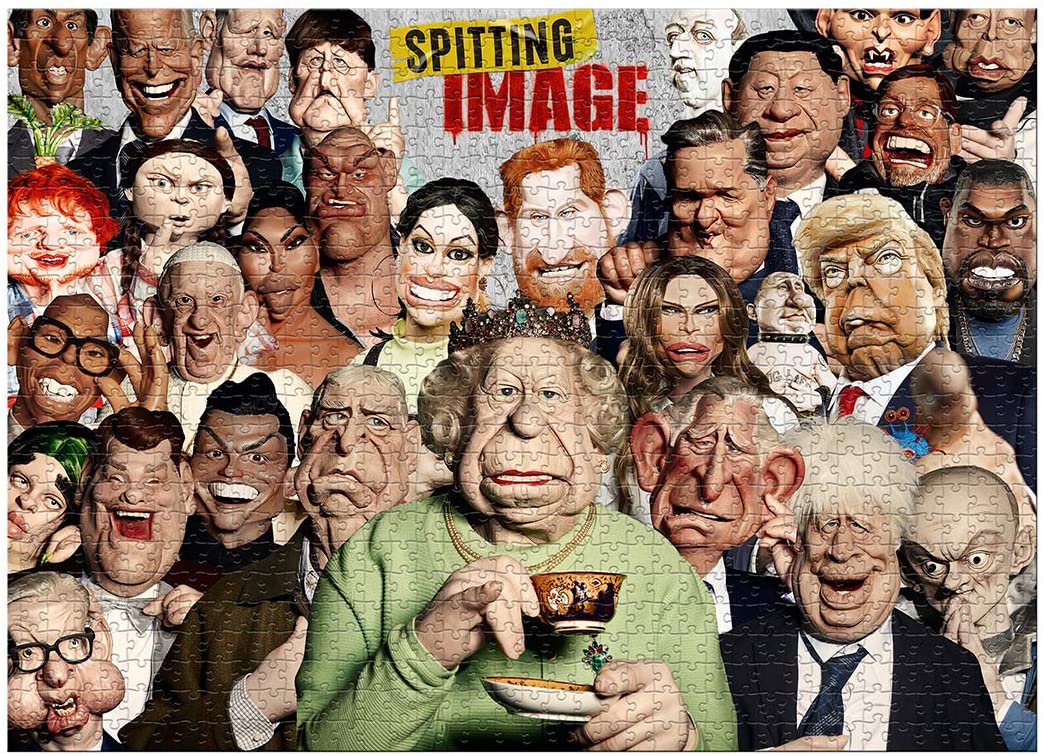 Winning Moves Spitting Image 1000 Piece Jigsaw Puzzle Game, piece together a montage of puppets including Ed Sheeran, Billie Eilish and Her Majesty, gift for ages 10 plus