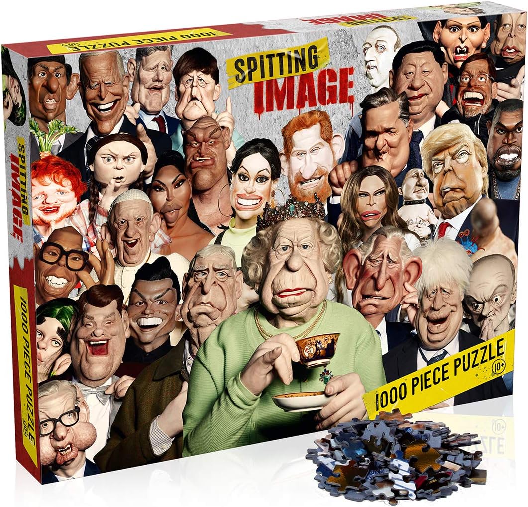 Winning Moves Spitting Image 1000 Piece Jigsaw Puzzle Game, piece together a montage of puppets including Ed Sheeran, Billie Eilish and Her Majesty, gift for ages 10 plus