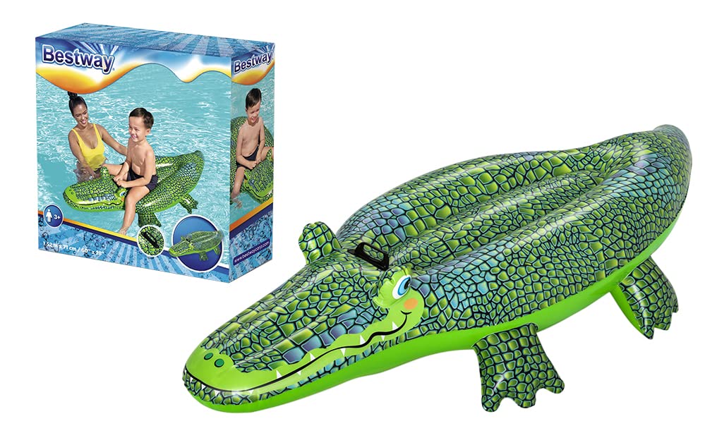 Bestway Buddy Croc Ride On, 5' Kids Inflatable Pool Float with Handles, Beach and Pool Toys for Kids, Green, One Size (41477