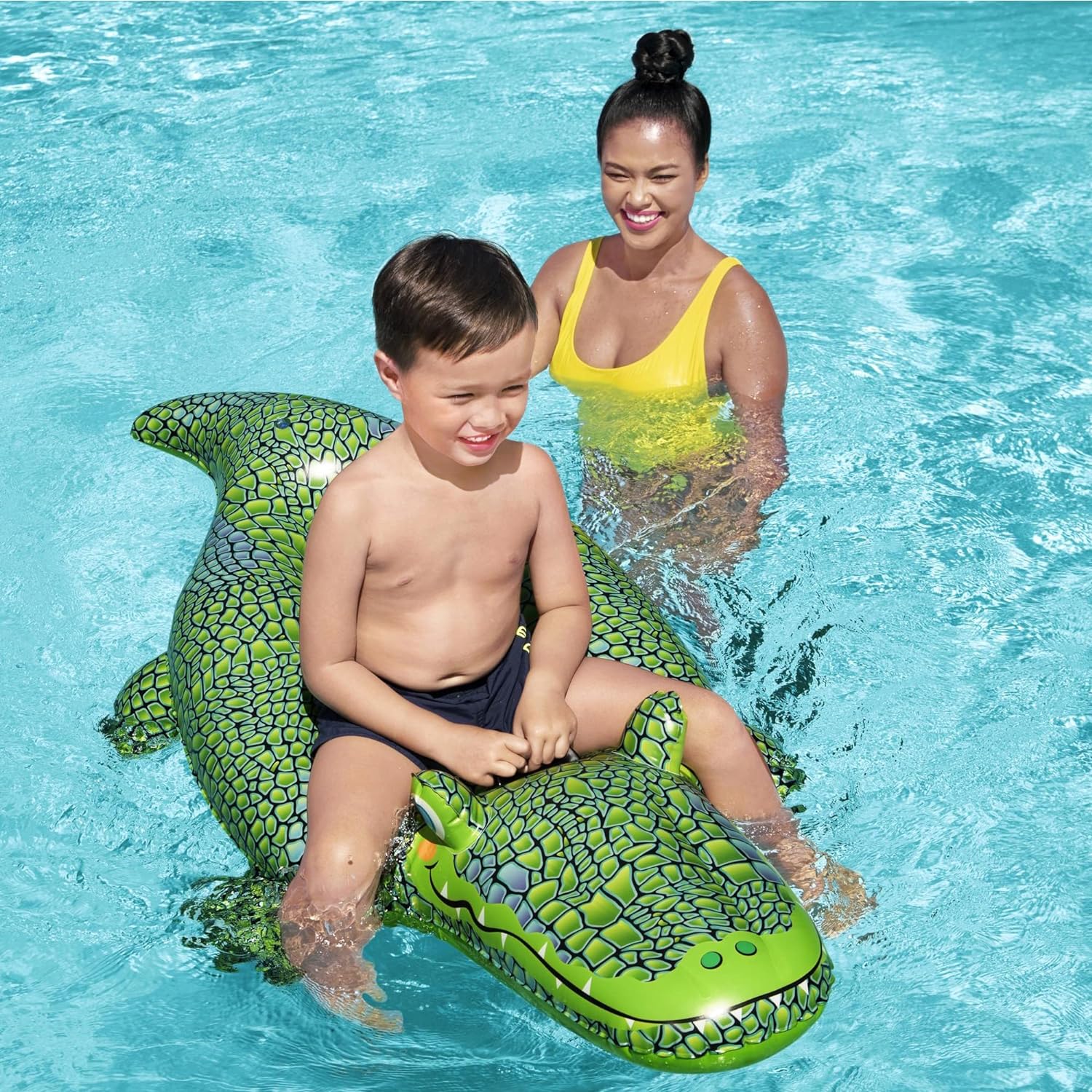 Bestway Buddy Croc Ride On, 5' Kids Inflatable Pool Float with Handles, Beach and Pool Toys for Kids, Green, One Size (41477)