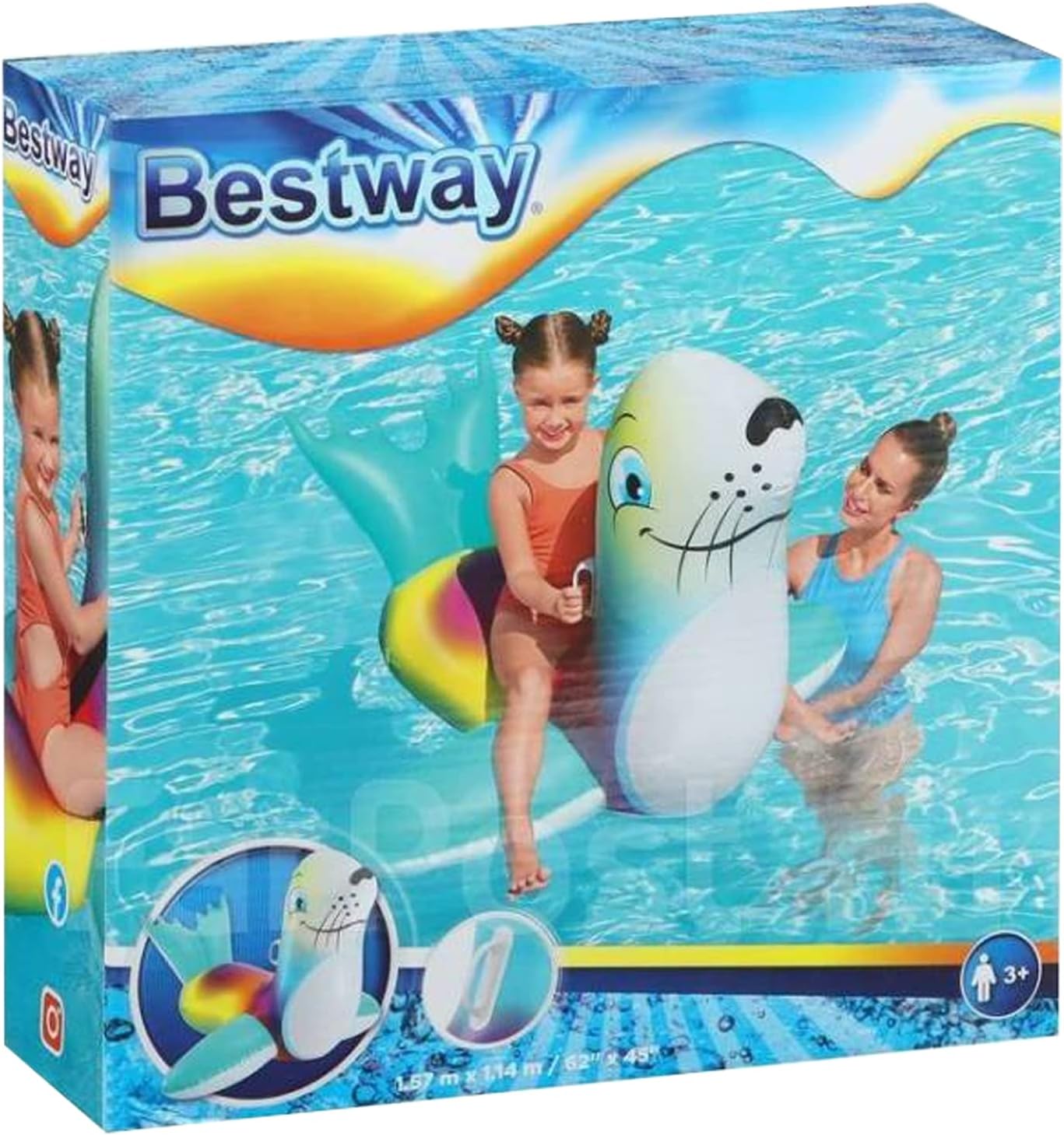 Bestway Flash 'N' Splash Seal Ride On, Tie-Dye Pool Toy, Kids Swimming Pool Float, Giant Inflatable Pool Float