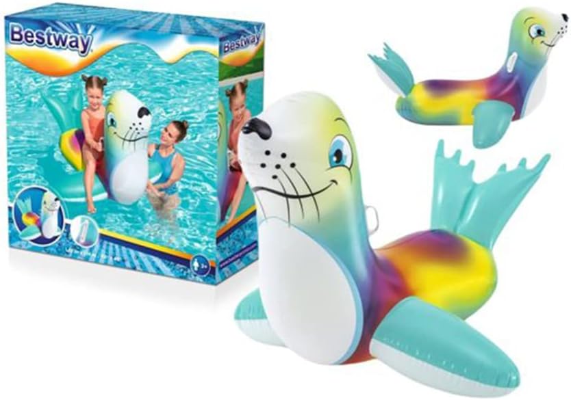 Bestway Flash 'N' Splash Seal Ride On, Tie-Dye Pool Toy, Kids Swimming Pool Float, Giant Inflatable Pool Float