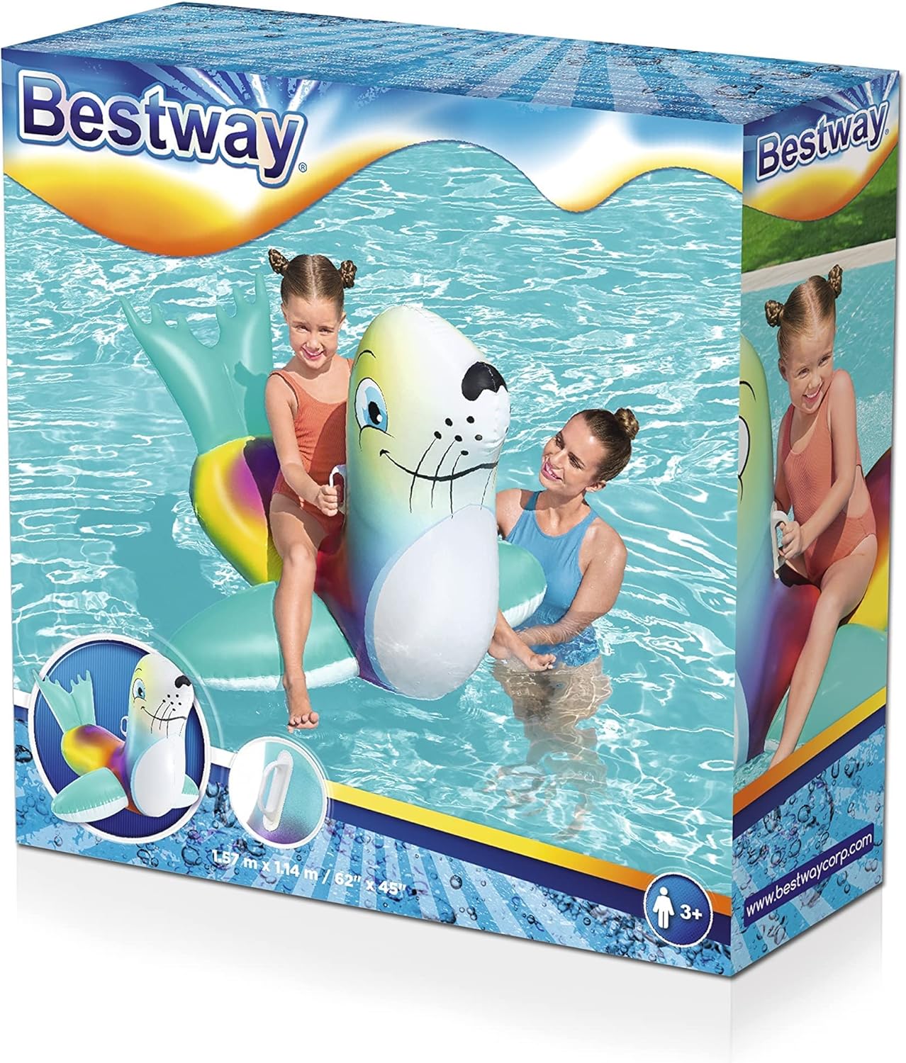 Bestway Flash 'N' Splash Seal Ride On, Tie-Dye Pool Toy, Kids Swimming Pool Float, Giant Inflatable Pool Float