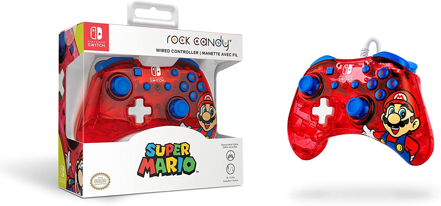 PDP Rock Candy Wired Gaming Switch Pro Controller - Mario - Red - Official License Nintendo - OLED / Lite Compatible, Compact, Durable Travel Controller