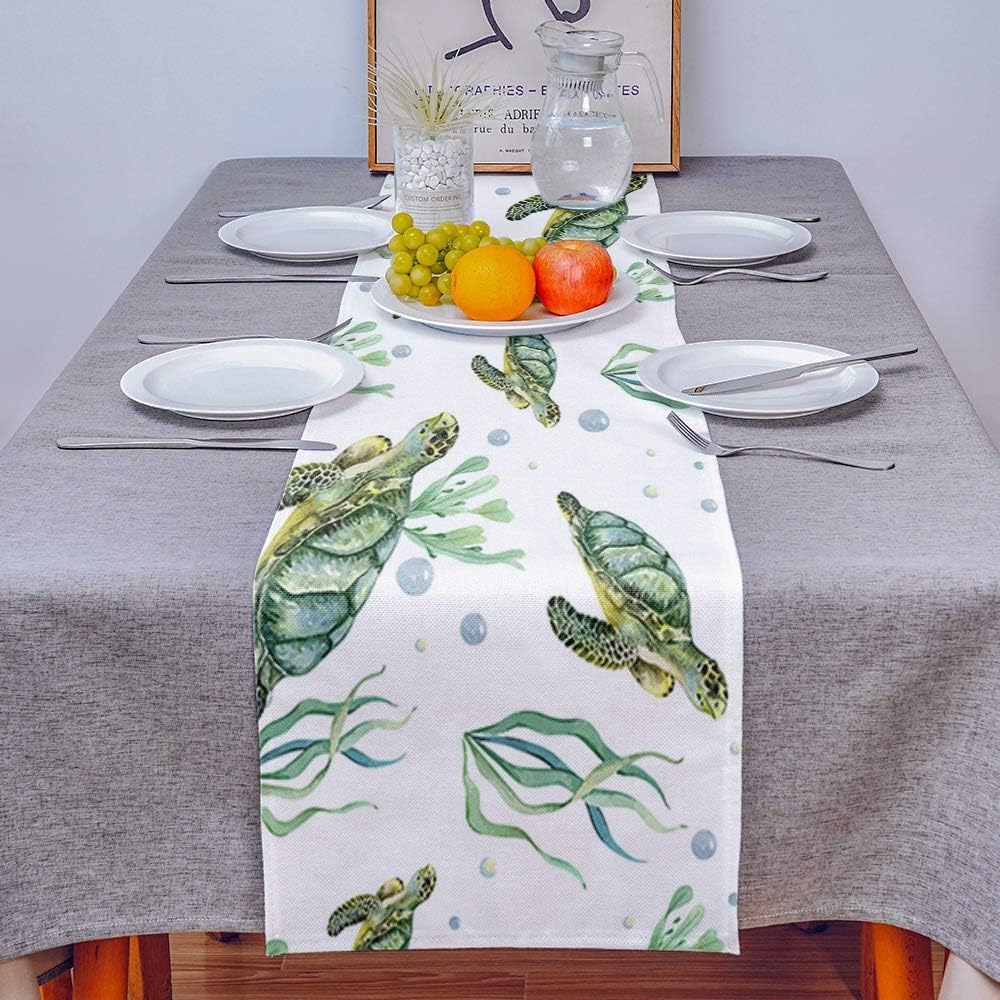 Runner da tavola in cotone e lino, con motivo tartaruga marina, antiscivolo, per cene, matrimoni, decorazioni per la casa, vita marina, corallo, 40,6 x 183,9 cm