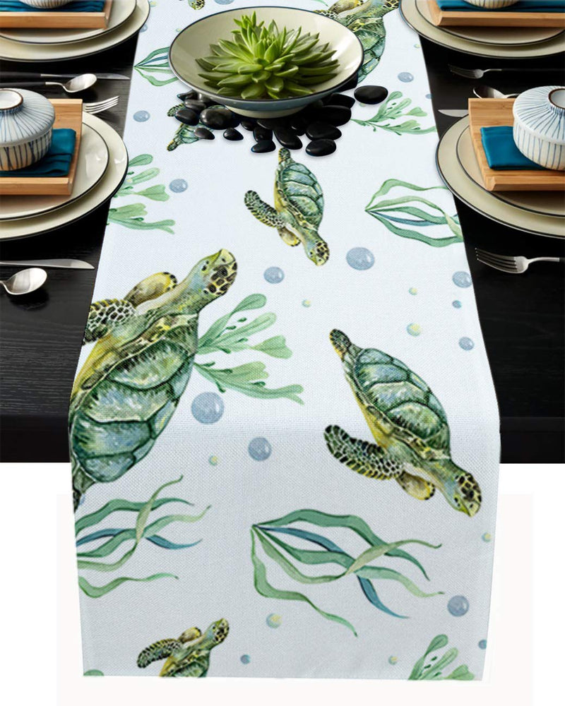 Runner da tavola in cotone e lino, con motivo tartaruga marina, antiscivolo, per cene, matrimoni, decorazioni per la casa, vita marina, corallo, 40,6 x 183,9 cm