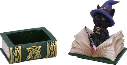 Nemesis Now Binx Small Witches Familiar Black Cat and Spellbook Figurine Box, Green, 11cm