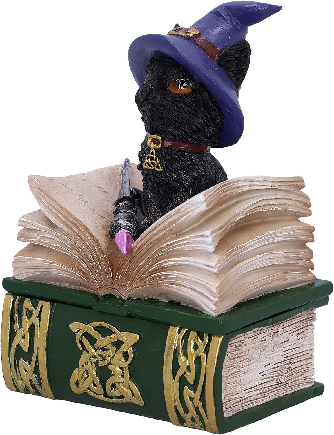 Nemesis Now Binx Small Witches Familiar Black Cat and Spellbook Figurine Box, Green, 11cm