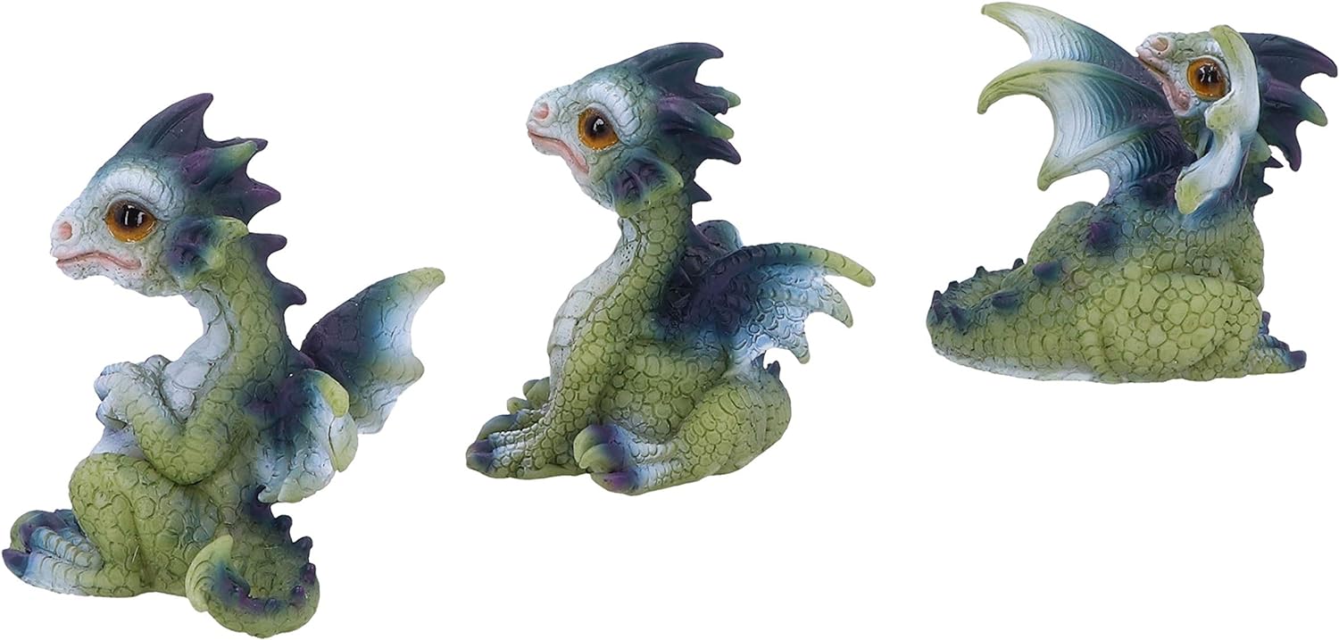 Nemesis Now Triple Trouble Dragon Figurines 15.5cm (Set of 3), Green/Purple, Light Green Dragon Figurines, Beautiful Wide Eyed Expressions, Cast in Resin, Expertly Hand-Painted