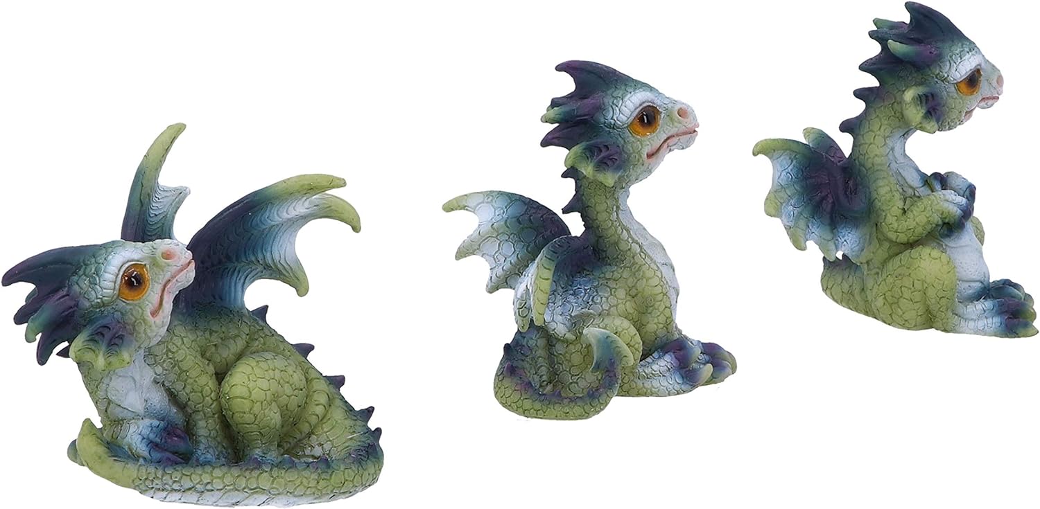 Nemesis Now Triple Trouble Dragon Figurines 15.5cm (Set of 3), Green/Purple, Light Green Dragon Figurines, Beautiful Wide Eyed Expressions, Cast in Resin, Expertly Hand-Painted