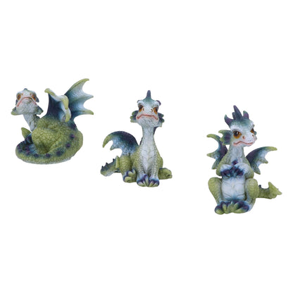 Nemesis Now Triple Trouble Dragon Figurines 15.5cm (Set of 3), Green/Purple, Light Green Dragon Figurines, Beautiful Wide Eyed Expressions, Cast in Resin, Expertly Hand-Painted
