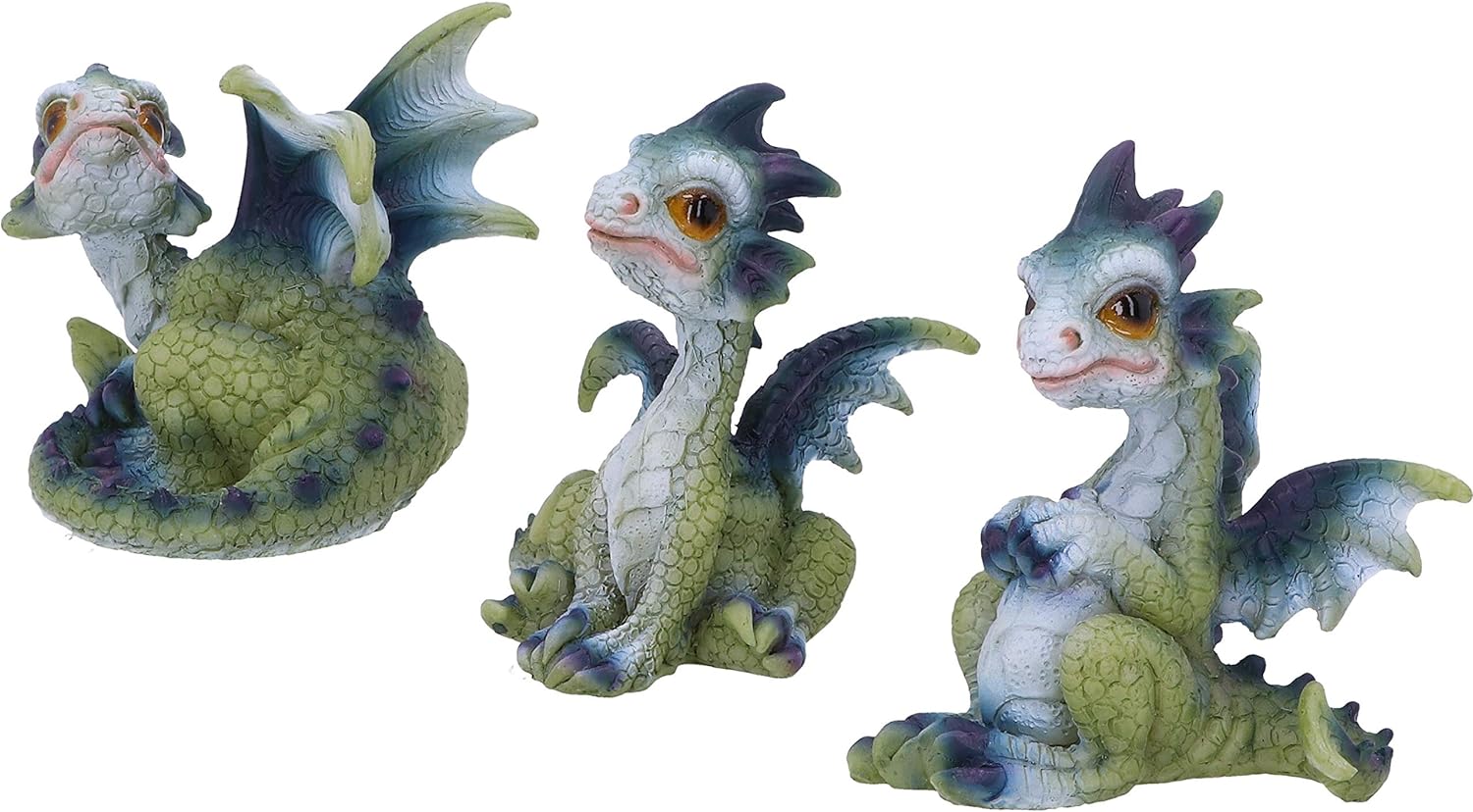 Nemesis Now Triple Trouble Dragon Figurines 15.5cm (Set of 3), Green/Purple, Light Green Dragon Figurines, Beautiful Wide Eyed Expressions, Cast in Resin, Expertly Hand-Painted