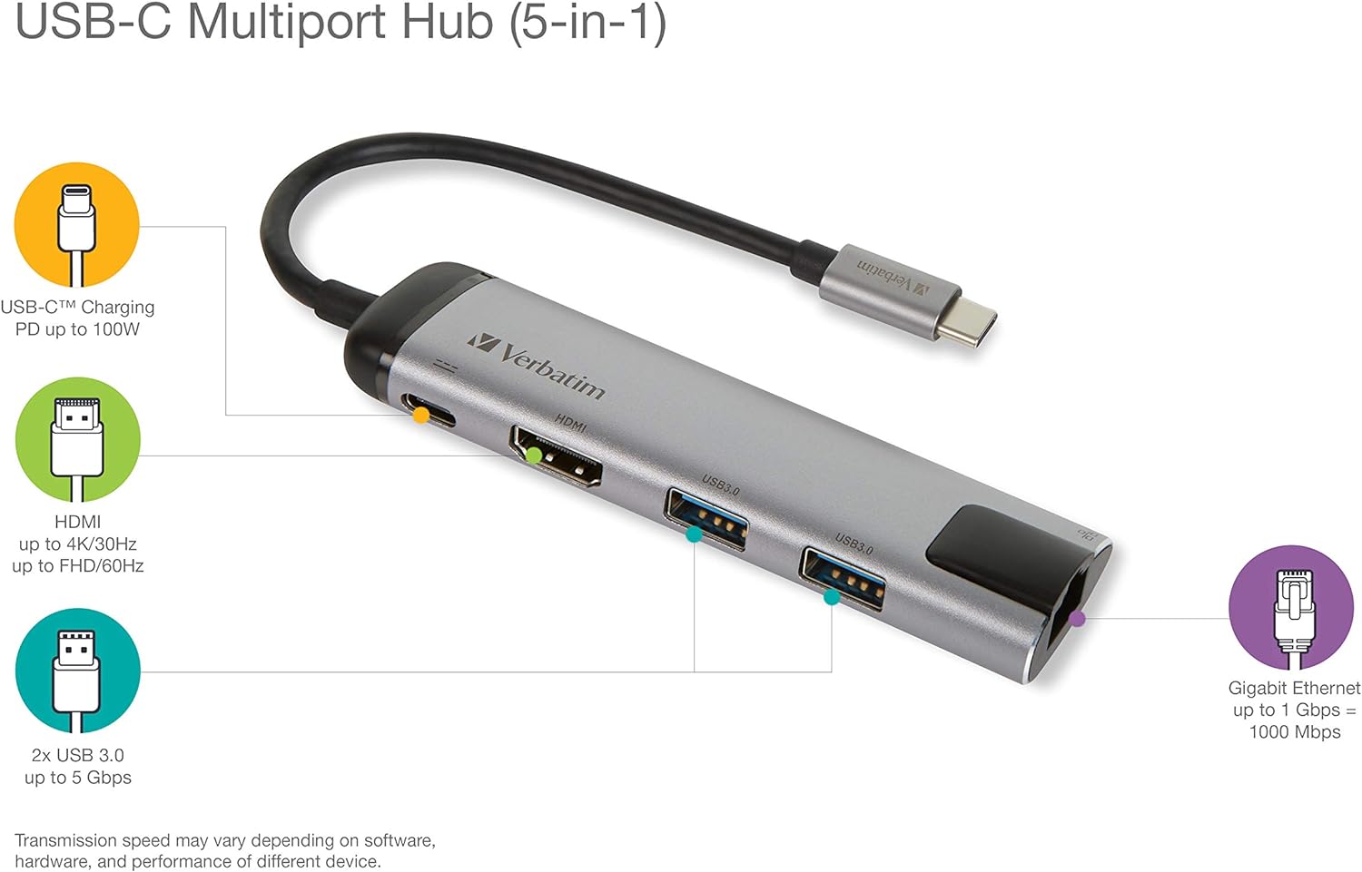 Verbatim 49141 USB-C Multiport Hub - USB 3.0 | HDMI | Gigabit Ethernet, Silver