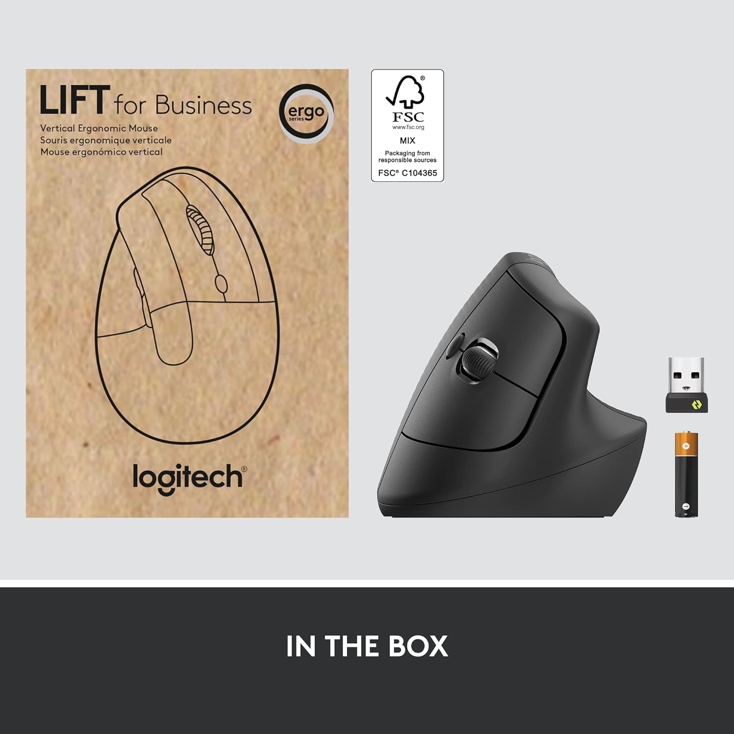 Logitech Lift For Business, Mouse Verticale Ergonomico, Wireless, Bluetooth, USB Secured Logi Bolt, Clic Silenziosi, Certificazione Globale, Windows/Mac/Chrome/Linux - Graphite