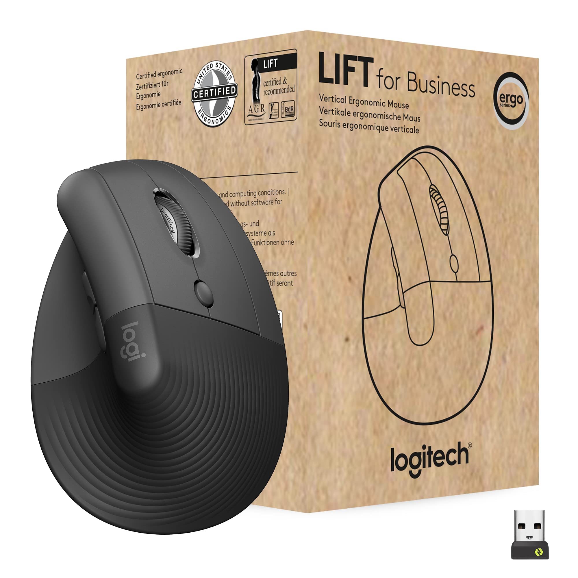 Logitech Lift For Business, Mouse Verticale Ergonomico, Wireless, Bluetooth, USB Secured Logi Bolt, Clic Silenziosi, Certificazione Globale, Windows/Mac/Chrome/Linux - Graphite