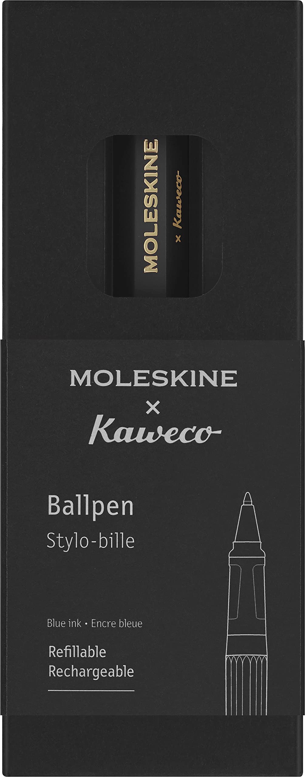 Moleskine x Kaweco Ballpen Refillable Pen in ABS plastic for Writers, Note-takers, Refill 1.0 mm with Blue Ink Included, Color Black