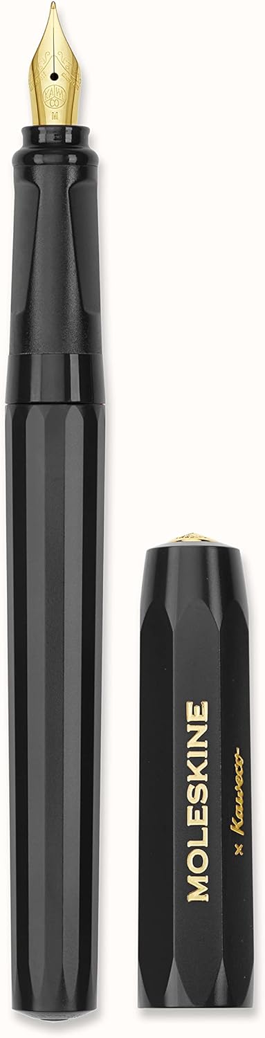 Moleskine x Kaweco Fountain Pen in ABS plastic with Gold-Plated Size M Nib for Writers, Note-Takers, Blue Ink Cartridge Included, Color Black