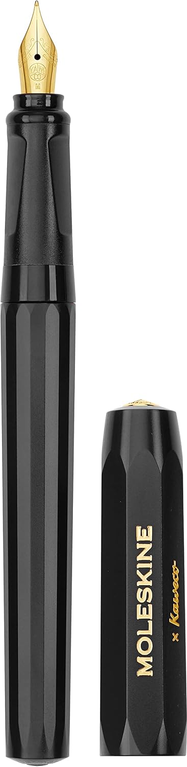 Moleskine x Kaweco Fountain Pen in ABS plastic with Gold-Plated Size M Nib for Writers, Note-Takers, Blue Ink Cartridge Included, Color Black