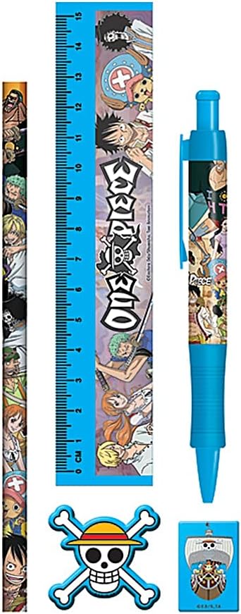 One Piece 5-Piece Stationery Set with Pen, Pencil, Ruler, Pencil Sharpener and Eraser, Stationery Set for Girls, Boys, Men and Women - Official Merchandise