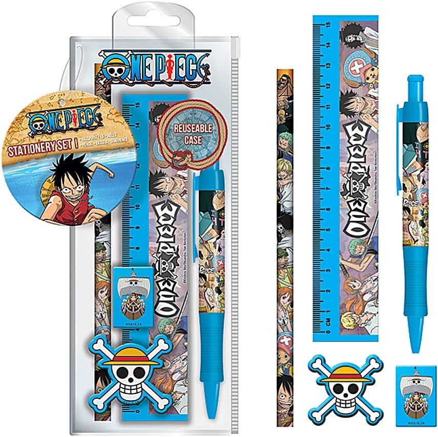 One Piece 5-Piece Stationery Set with Pen, Pencil, Ruler, Pencil Sharpener and Eraser, Stationery Set for Girls, Boys, Men and Women - Official Merchandise