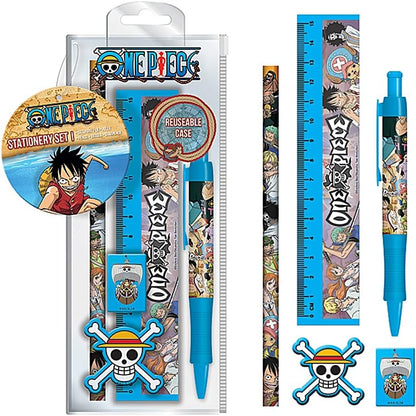 One Piece 5-Piece Stationery Set with Pen, Pencil, Ruler, Pencil Sharpener and Eraser, Stationery Set for Girls, Boys, Men and Women - Official Merchandise