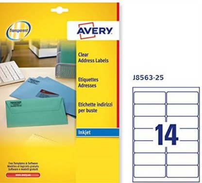 Avery J8563-25 Self-Adhesive Clear Address/Mailing Labels, 14 Labels Per A4 Sheet -Transparent