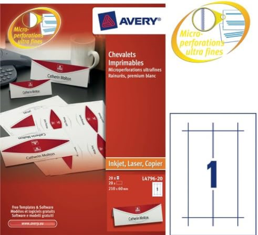 Avery L4796-20 Printable Place/Tent Cards, 1 Card Per A4 Sheet, White