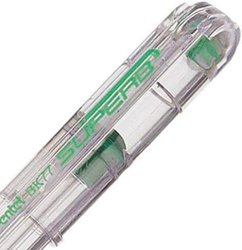 Pentel Super BK77-D Ballpoint Pen/fine Tip Crystal Plastic Barrel with Lid Green Ink-Pack of 12
