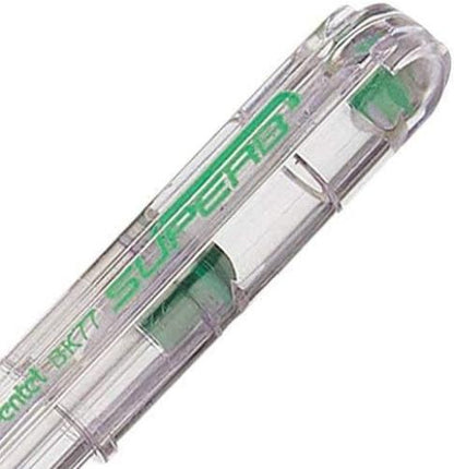 Pentel Super BK77-D Ballpoint Pen/fine Tip Crystal Plastic Barrel with Lid Green Ink-Pack of 12