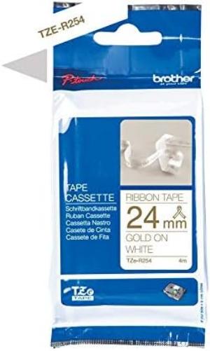 Brother TZe-R254 Labelling Tape Cassette, Gold on White, 24mm (W) x 4M (L), Ribbon Tape, Brother Genuine Supplies