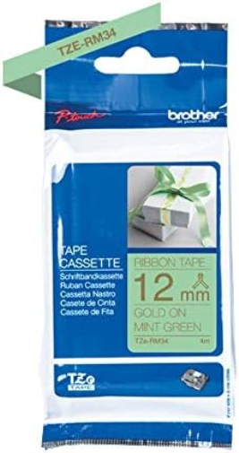 Brother TZe-RM34 Labelling Tape Cassette, Gold on Mint Green, 12mm (W) x 4M (L), Ribbon Tape, Brother Genuine Supplies