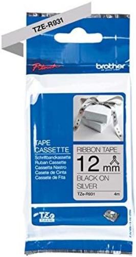 Brother TZe-R931 Labelling Tape Cassette, Black on Silver, 12mm (W) x 4M (L), Ribbon Tape, Brother Genuine Supplies