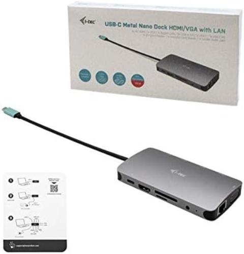 i-tec USB-C 4K Metal Nano Docking Station with 77 W Power Supply - 1x HDMI 1x VGA 1x GLAN 1x USB-C 3x USB 3.1 1x SD/MicroSD 1x Audio for Windows MacOS Android ChromeOS