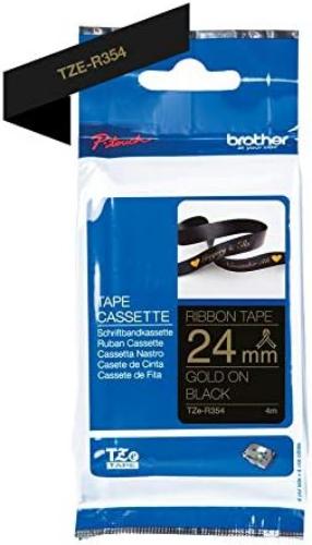 Brother TZe-R354 Labelling Tape Cassette, Gold on Black, 24mm (W) x 4M (L), Ribbon Tape, Brother Genuine Supplies