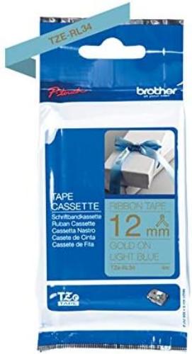 Brother TZe-RL34 Labelling Tape Cassette, Gold on Light Blue, 12mm (W) x 4M (L), Ribbon Tape, Brother Genuine Supplies
