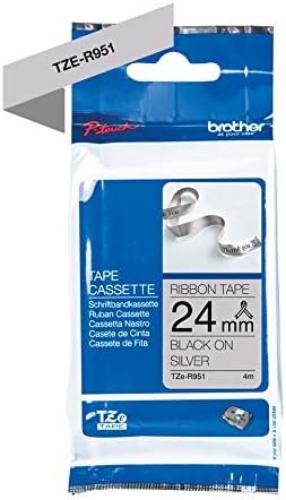 Original Brother Textiles TZe-R951 Label Tape Black on Silver Width 24 mm Length 4 m for Brother P-Touch H200, H100LB/R, H105, E100/VP, D200/BW/VP, D210/VP, Cube, Cube Plus