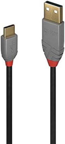 Lindy 36885 - Cable USB (0,5 m, USB A, USB C, 2.0, 480 Mbit/s, Negro, Gris)