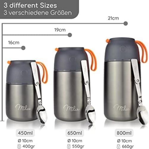 Milu® Thermo Food Flask - 300, 440, 450, 650, 800ml - Stainless Steel Insulated Container - Lunchbox - Jar with Spoon for hot and Cold Food (Grey, 650ml) Grey 650 ml