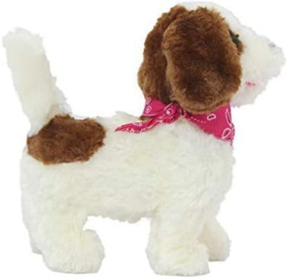 JAMARA 460340 - Lucky RC Plüschhund 27MHz - Weiches Fell, bewegt die Schnauze und Kopf, wedelt mit dem Schwanz, realistisches Hundebellen, Weiß-Braun
