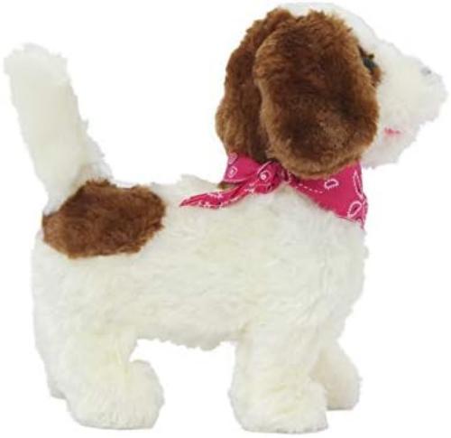 JAMARA 460340 - Lucky RC Plüschhund 27MHz - Weiches Fell, bewegt die Schnauze und Kopf, wedelt mit dem Schwanz, realistisches Hundebellen, Weiß-Braun