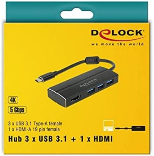 DeLock Adapter USB C 3.1 3x USB 3.0 A Hub + HDMI 4K, Black