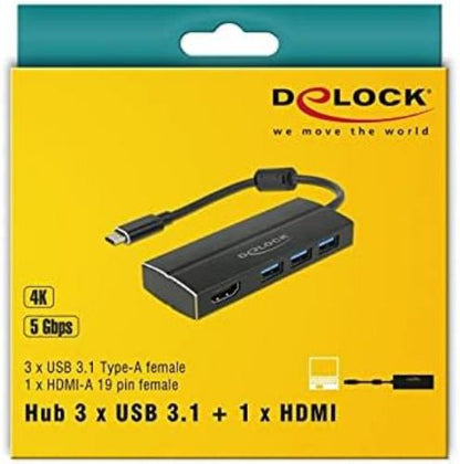 DeLock Adapter USB C 3.1 3x USB 3.0 A Hub + HDMI 4K, Black