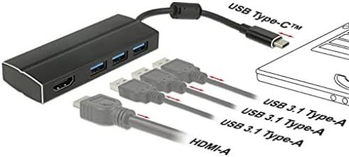DeLock Adapter USB C 3.1 3x USB 3.0 A Hub + HDMI 4K, Black