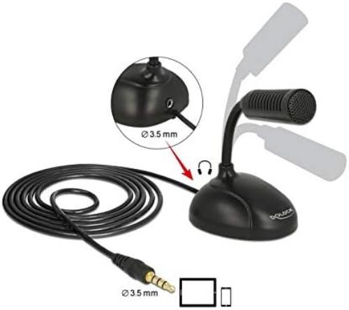 DeLOCK 65872 Omnidirectional Condenser Microphone for Smartphone/Tablet with Gooseneck 3.5 mm 4 Pin Jack Plug + 3.5 mm Jack Socket, 1.7 m Cable Length, Ideal for Skype, Chatting, Recording