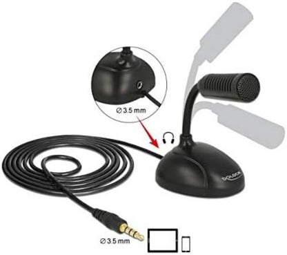 DeLOCK 65872 Omnidirectional Condenser Microphone for Smartphone/Tablet with Gooseneck 3.5 mm 4 Pin Jack Plug + 3.5 mm Jack Socket, 1.7 m Cable Length, Ideal for Skype, Chatting, Recording