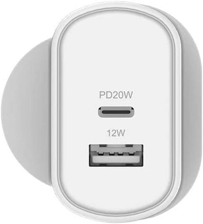 Cygnett PowerPlus 32W USB-C Wall Charger with Dual Ports UK - White